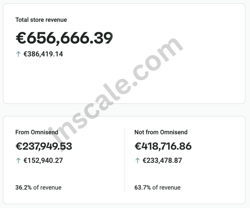After: €237,949 from email, 36.2% of store revenue, up 144.3%